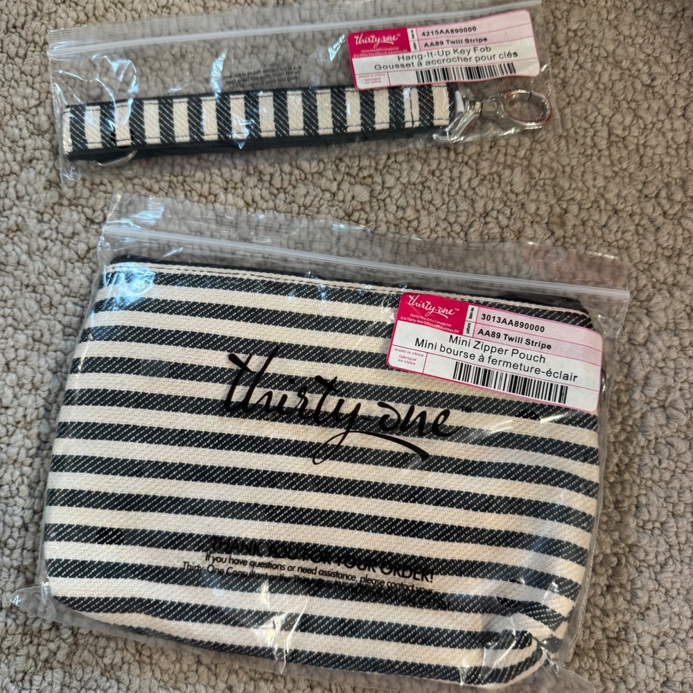 Thirty-One Mini Zipper Pouch and Hang-It-Up Key Fob Set Twill Stripe AA89 NEW